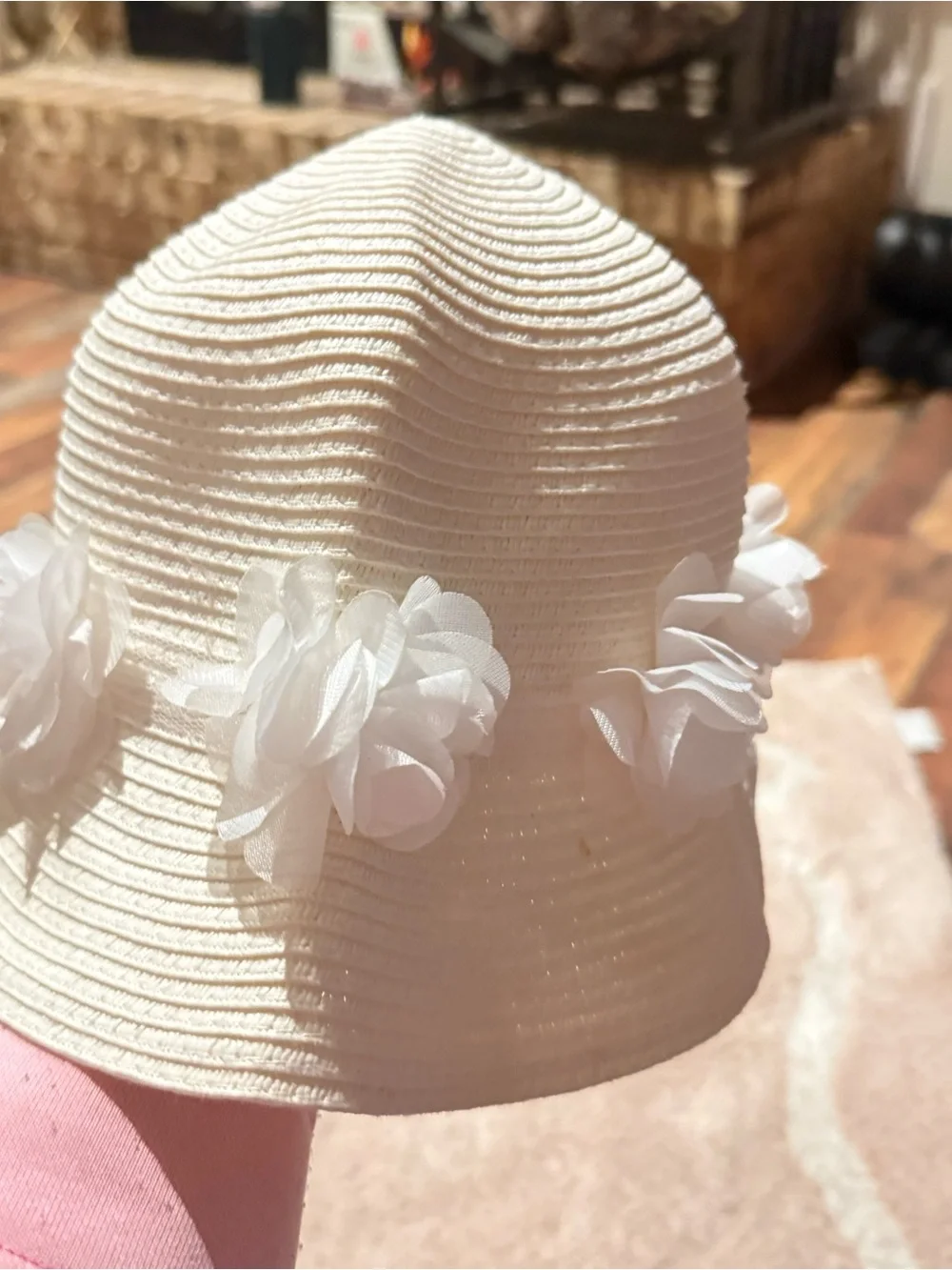 Kids White Floral Ribbon Straw Sun Hat